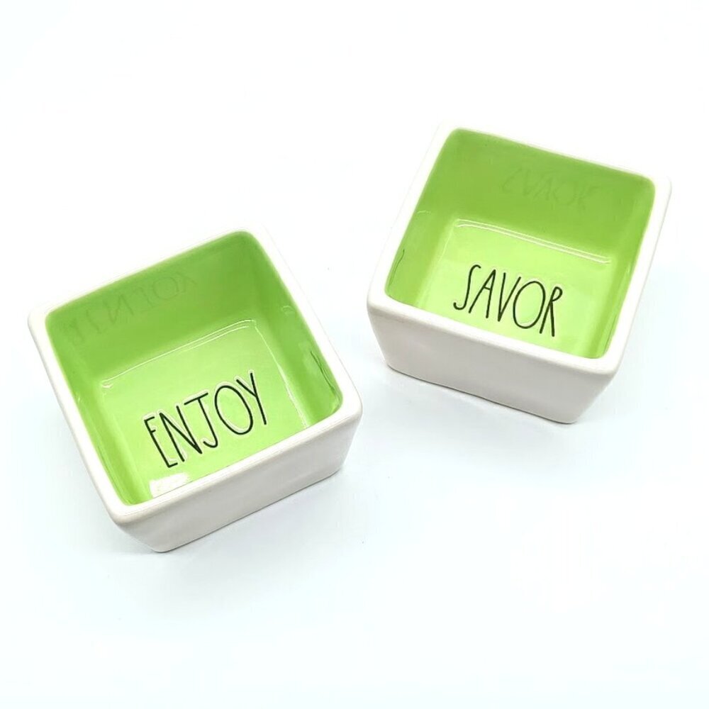 Rae Dunn Green Savor Enjoy Square Ceramic Stoneware Bowls